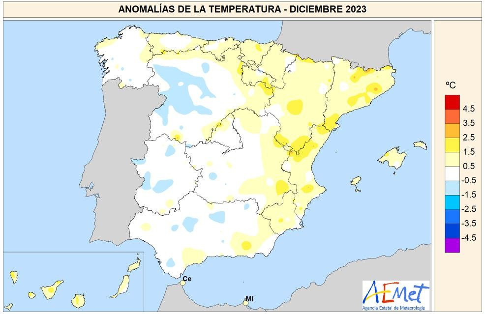 Anomalu00edas de temperatura registradas en diciembre de 2023 (Mapa Aemet)