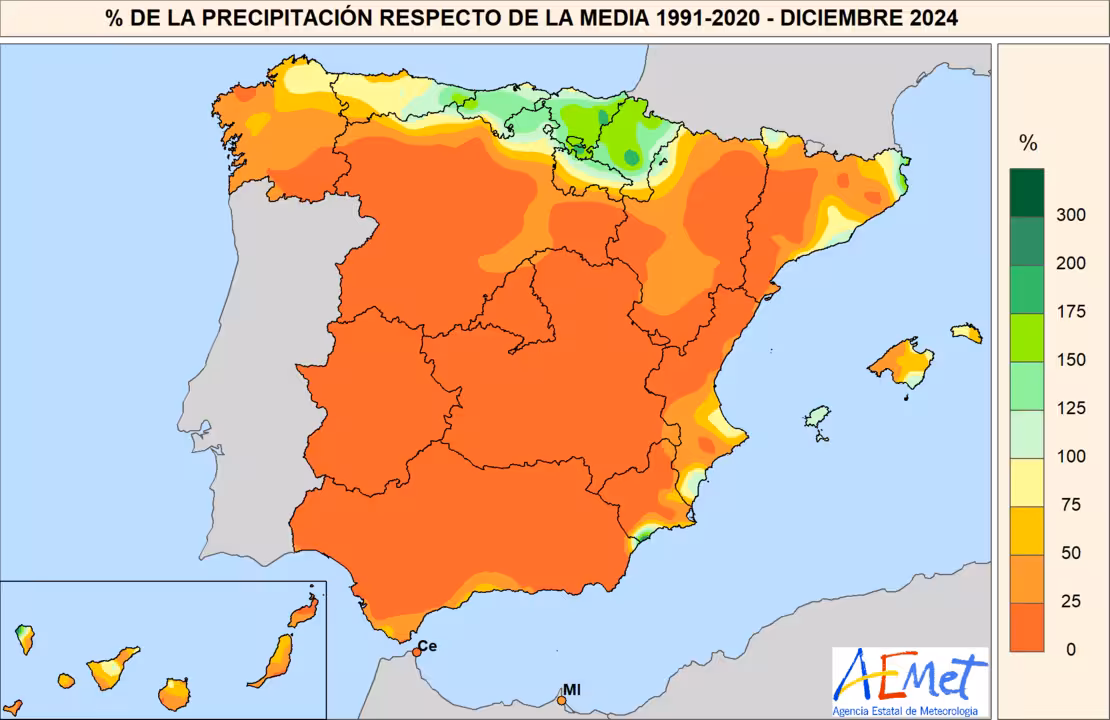 Porcentaje de la precipitaci&oacute;n con respecto a la media 1991-2020 en diciembre de 2024.