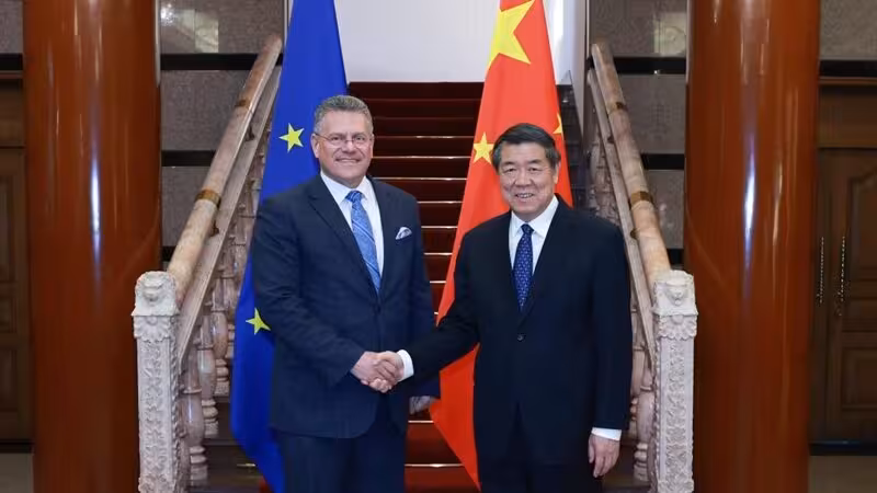 Chinese Vice Premier He Lifeng, also a member of the Political Bureau of the Communist Party of China Central Committee, meets with European Commissioner for Trade and Economic Security Maros Sefcovic in Beijing, capital of China, March 27, 2025. (Photo Xinhua/gov.cn/The State Council The People's Republic of China)