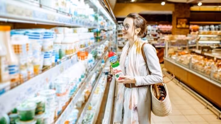 Consumidora con un paquete de leche (Foto Central Lechera Asturiana)
