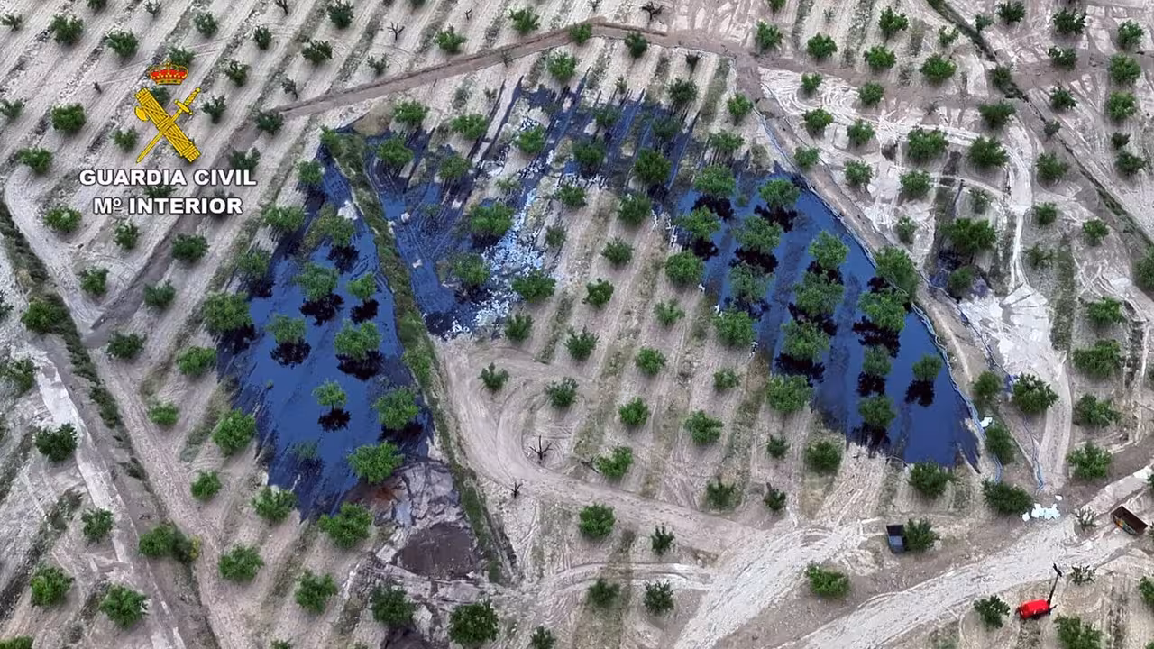 Finca de almendros da&ntilde;ados por un intento de robo en el oleoducto Cartagena-Puertollano a su paso por Calasparra (Foto Guardia Civil)