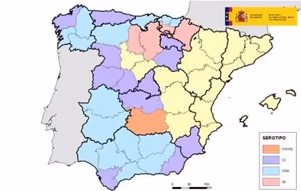 Provincias en las que hasta el momento se han confirmado oficialmente focos de diferentes serotipos del virus de la lengua azul (Foto MAPA)