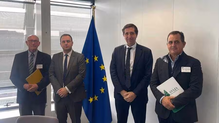 La delegaci&oacute;n de AVA-Asaja se re&uacute;ne con el comisario europeo de Salud y Bienestar Animal, Oliv&eacute;r V&aacute;rhelyi (Foto AVA-Asaja)