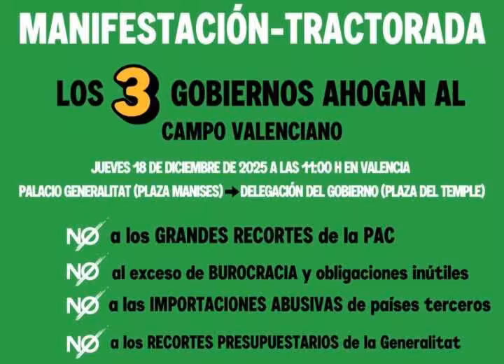 Cartel manifestaci&oacute;n-tractorada el 18 de diciembre en Valencia (Imagen La Uni&oacute;)