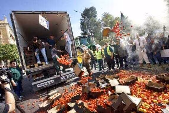 Descarga de tomates en una protesta ante la Delegaci&oacute;n del Gobierno (Foto Asaja Murcia)
