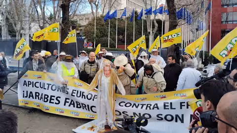 n momento de la protesta de apicultores en Madrid con vertido de miel y uso de ahumadores (Foto COAG)