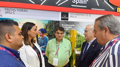 Sara Rubira en la feria Asia Fruit Logistica junto a la delegaci&oacute;n regional y el c&oacute;nsul general de Espa&ntilde;a en Hong Kong, Manuel Aguirre de C&aacute;rcer (Foto CARM)