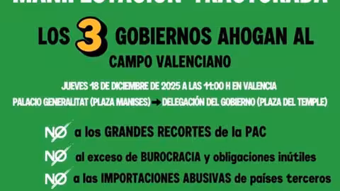 Cartel manifestaci&oacute;n-tractorada el 18 de diciembre en Valencia (Imagen La Uni&oacute;)