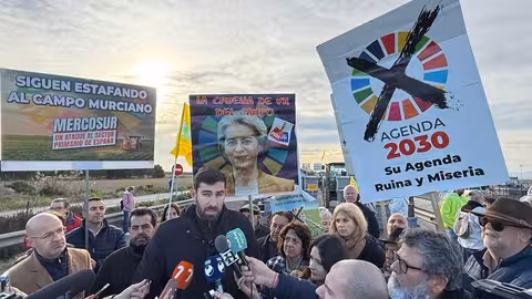 El l&iacute;der de Vox, Jos&eacute; &Aacute;ngel Antelo, atiende a los medios en la protesta de agricultores 'Sobran los motivos' (Foto Vox)