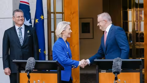 Maro&scaron; &Scaron;efčovič, Ursula von der Leyen y Anthony Albanese (de izquierda a derecha) Foto CE - Servicio audiovisual / Fot&oacute;grafo:
Christophe Licoppe