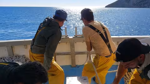Tareas de faena a bordo de una embarcaci&oacute;n pesquera durante una salida al mar (Foto CARM)