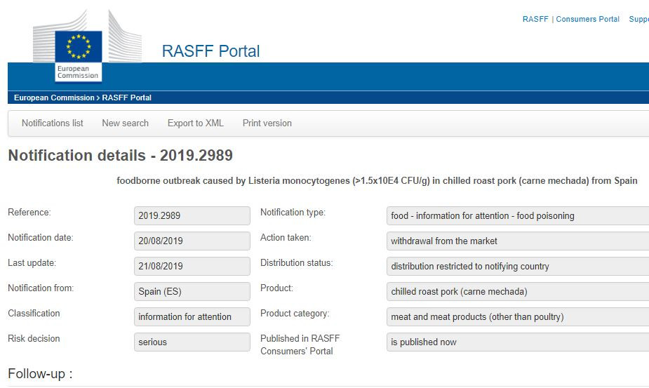 Alerta RASFF Listeria Carne Mechada (Foto Captura de pantalla web Rasff)