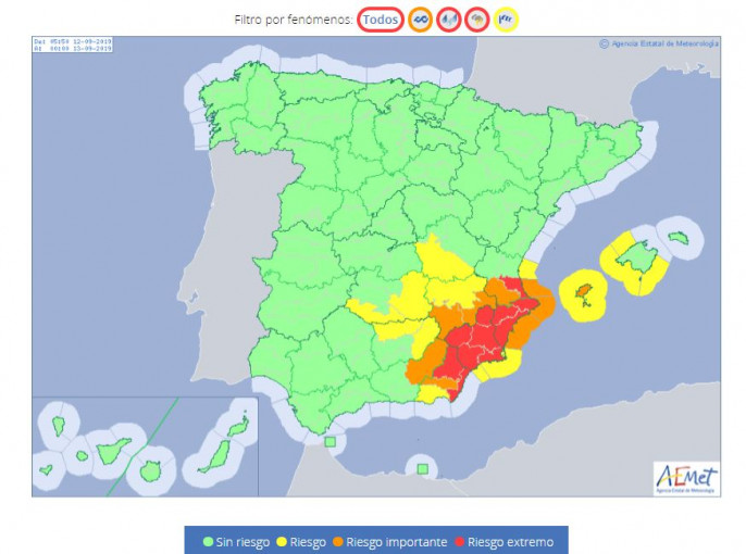 Mapa España Alerta Roja 12 9 2019 (Imagen Aemet)