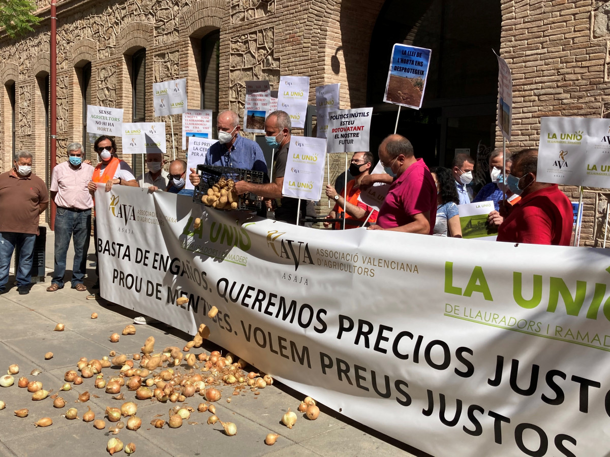 Protesta cebollas precios justos ante conselleria (Foto La Unió)