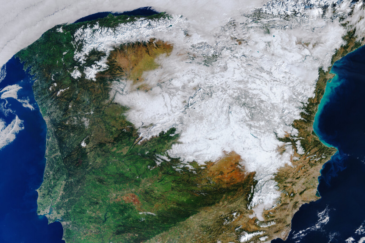Imagen de satu00e9lite MODIS de la zona cubierta por la nieve en el Temporal Filomena (Foto Miteco)