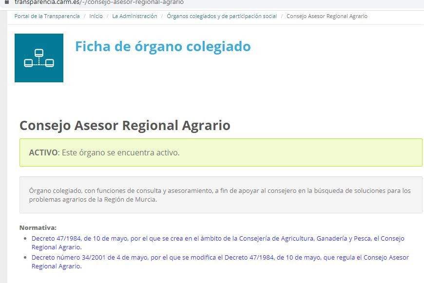 Creaciu00f3n Consejo Asesor Regional Agrario (Foto Portal Transparencia CARM)