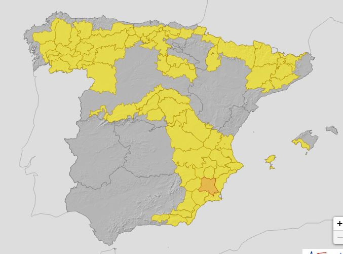 Espala aviso amarillo y naranja (Mapa Aemet)