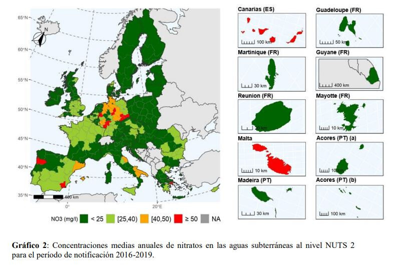 Concentraciu00f3n media nitratos aguas subterru00e1neas 2016 2019 (Mapa Comisiu00f3n Europea)
