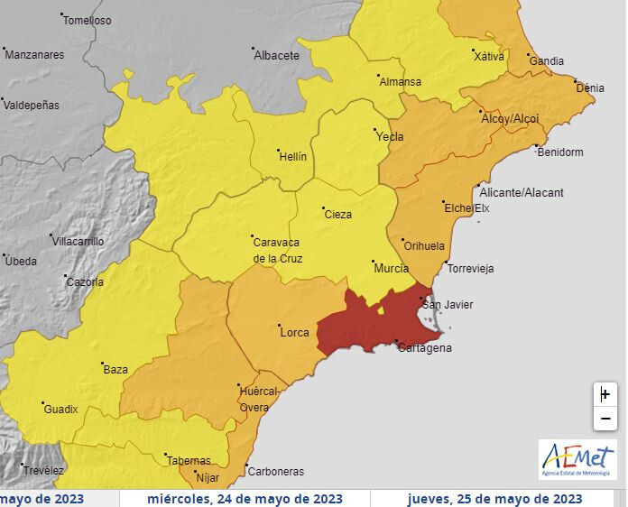 Alerta rojka en el Campo de Cartagena 23 may 2023 (Mapa Aemet)