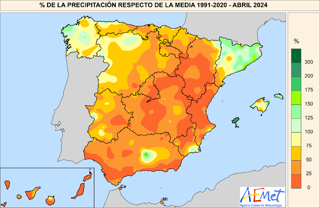 Porcentaje de precipitaciu00f3n respecto a la media de 1991 2020 en abril de 2024 (Mapa Aemet)