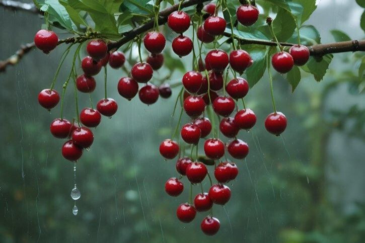 Cerezas en árbol lloviendo (Foto La Unión Extremadura)