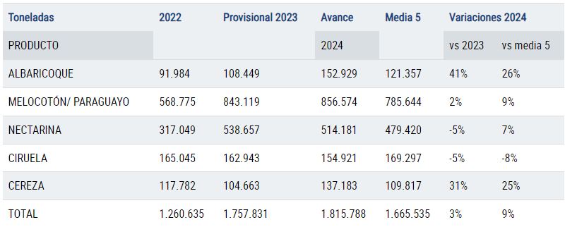 Tabla Campaña verano 2024 fruta de hueso (Fuente MAPA)