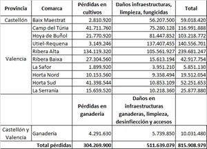 Tabla de daños por la DANA (Fuente La Unió)