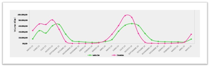 Mientras que la sandía concentra su consumo en los meses centrales del verano, el melón presenta una curva ligeramente más prolongada, con un consumo significativo incluso en los meses de inicio del otoño