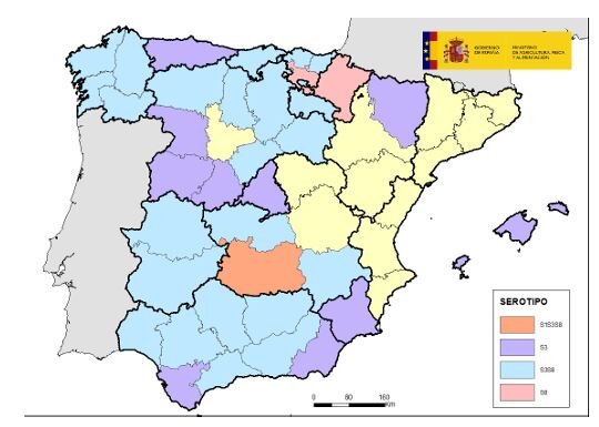 Mapa de detección de lengua azul (Fuente MAPA)